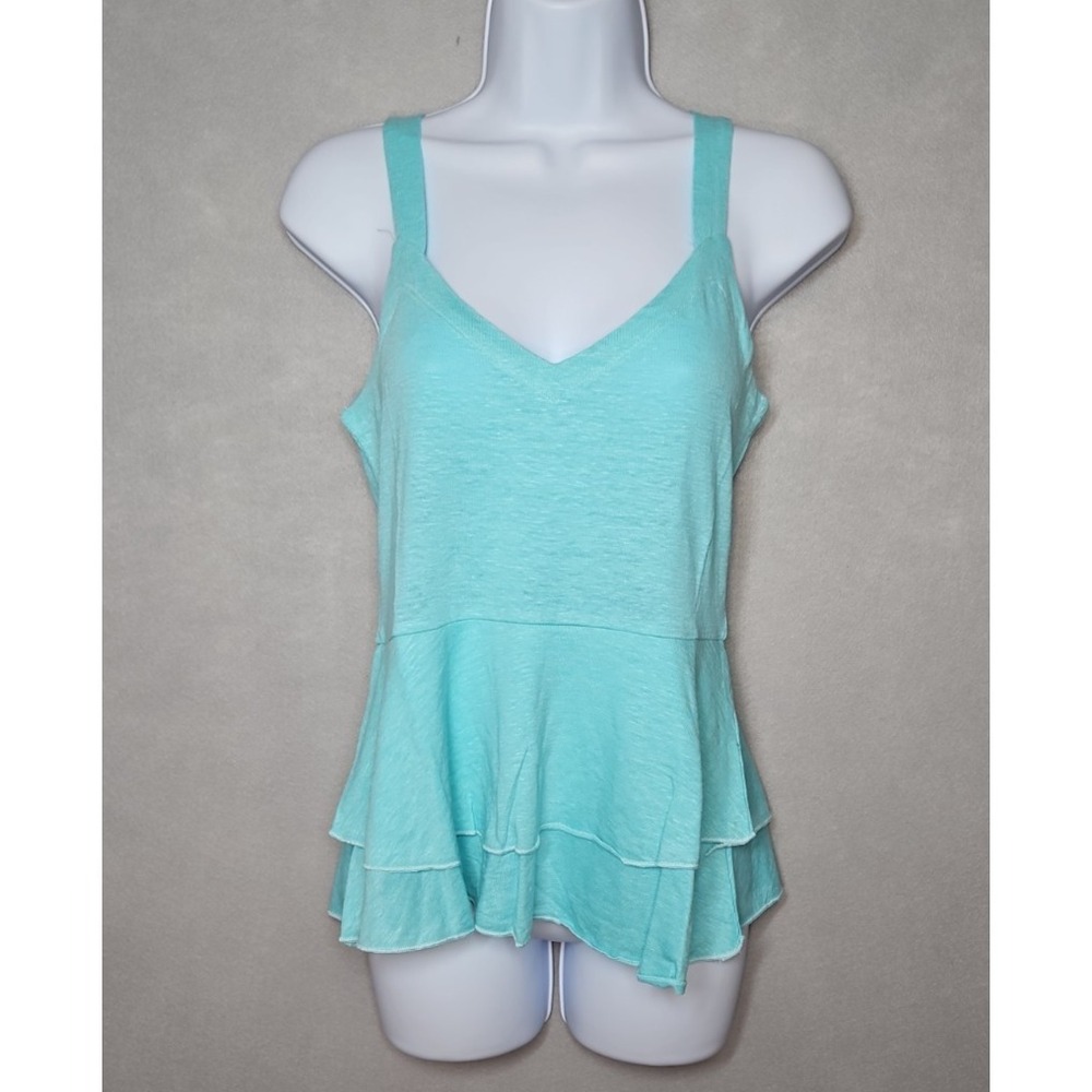 Chaser Womens Aqua Tiered Peplum Linen Blend Tank Top Size Small NWT